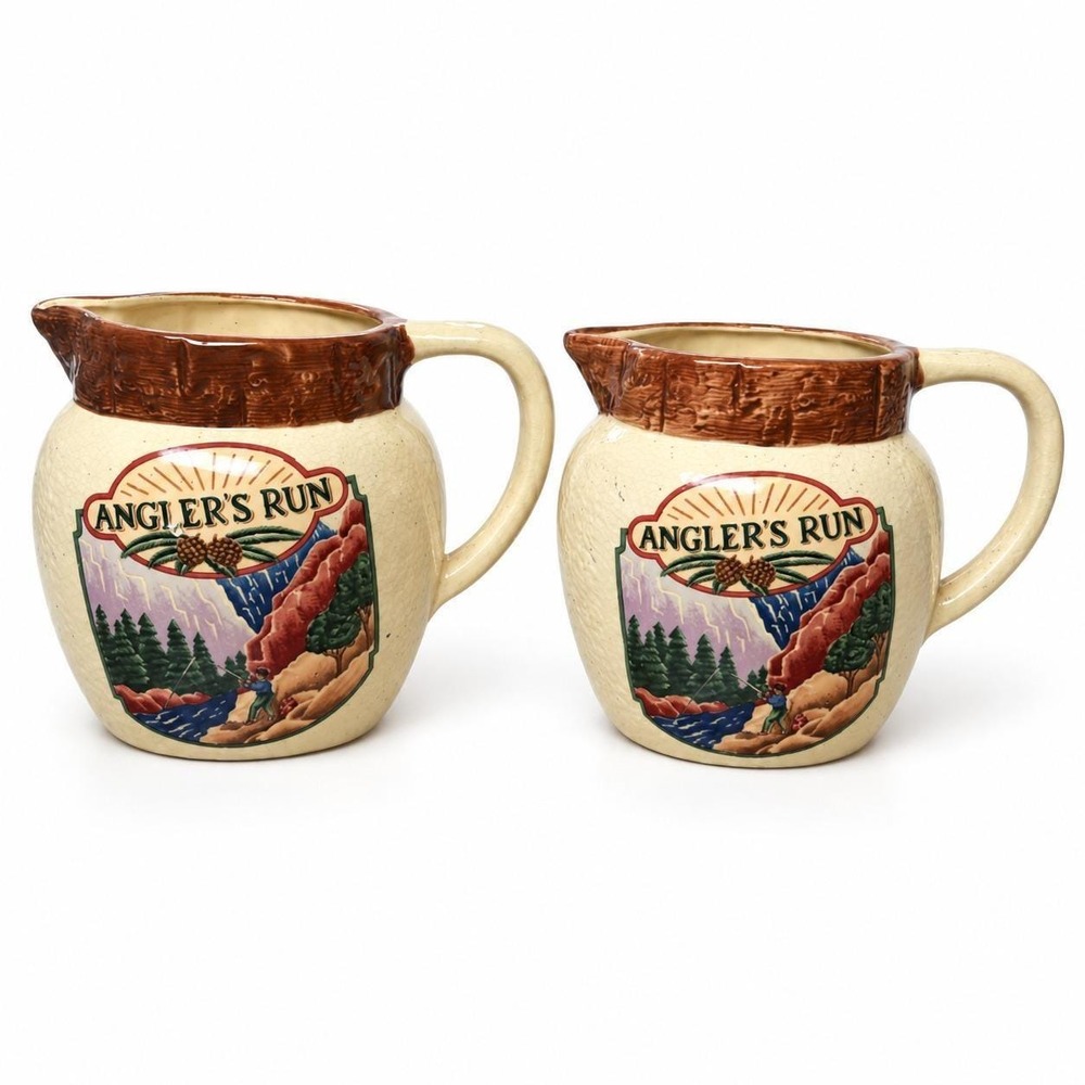 Vintage 1993 Fitz & Floyd Omnibus Anglers Run Water Pitchers Set of 2